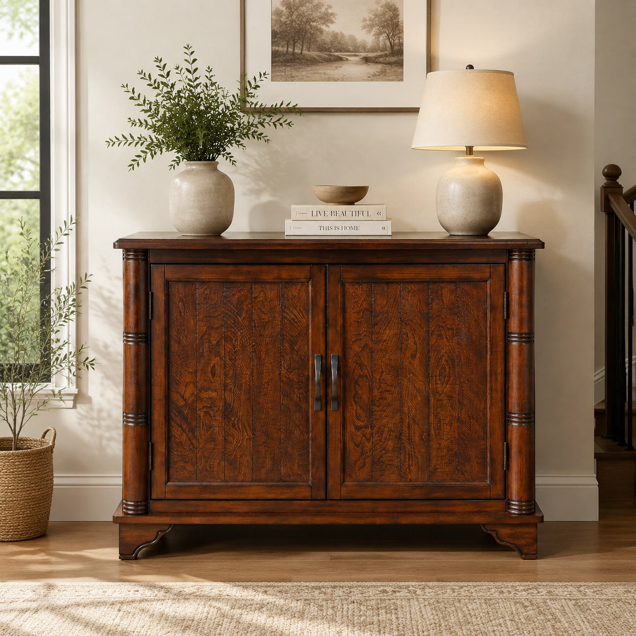 Aukfa 40" Farmhouse Accent Storage Cabinet, Solid Pine Wood Frame,Storage Organizer for Entryway & Living Room,Espresso