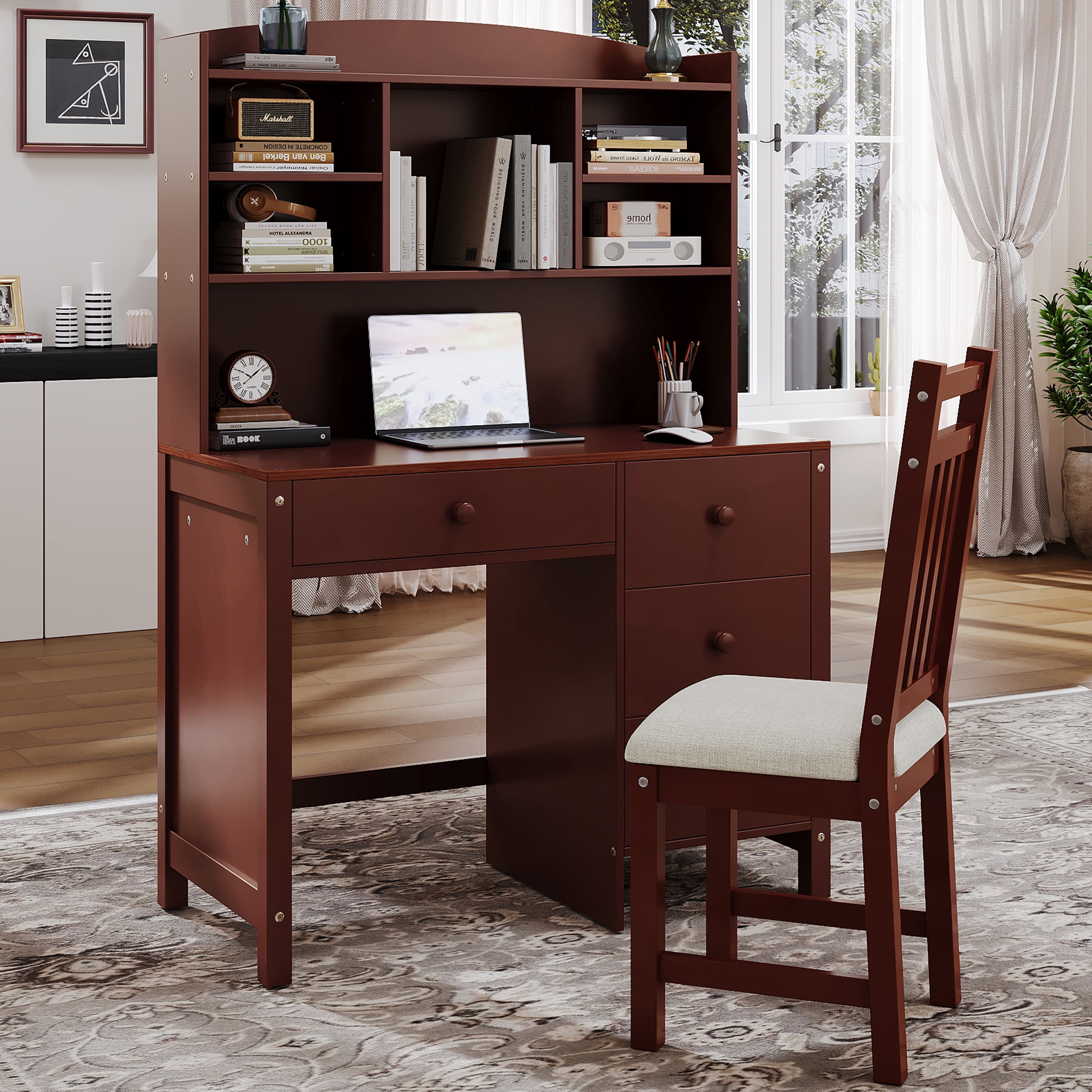 Aukfa 40" Home Office Computer Desk with Hutch, Executive Desk & Upholstered Chair Set with Bookshelf for Study/Bedroom, Espresso