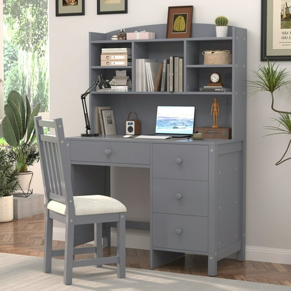 Aukfa 40" Home Office Computer Desk with Hutch, Executive Desk & Upholstered Chair Set with Bookshelf for Study/Bedroom, Gray