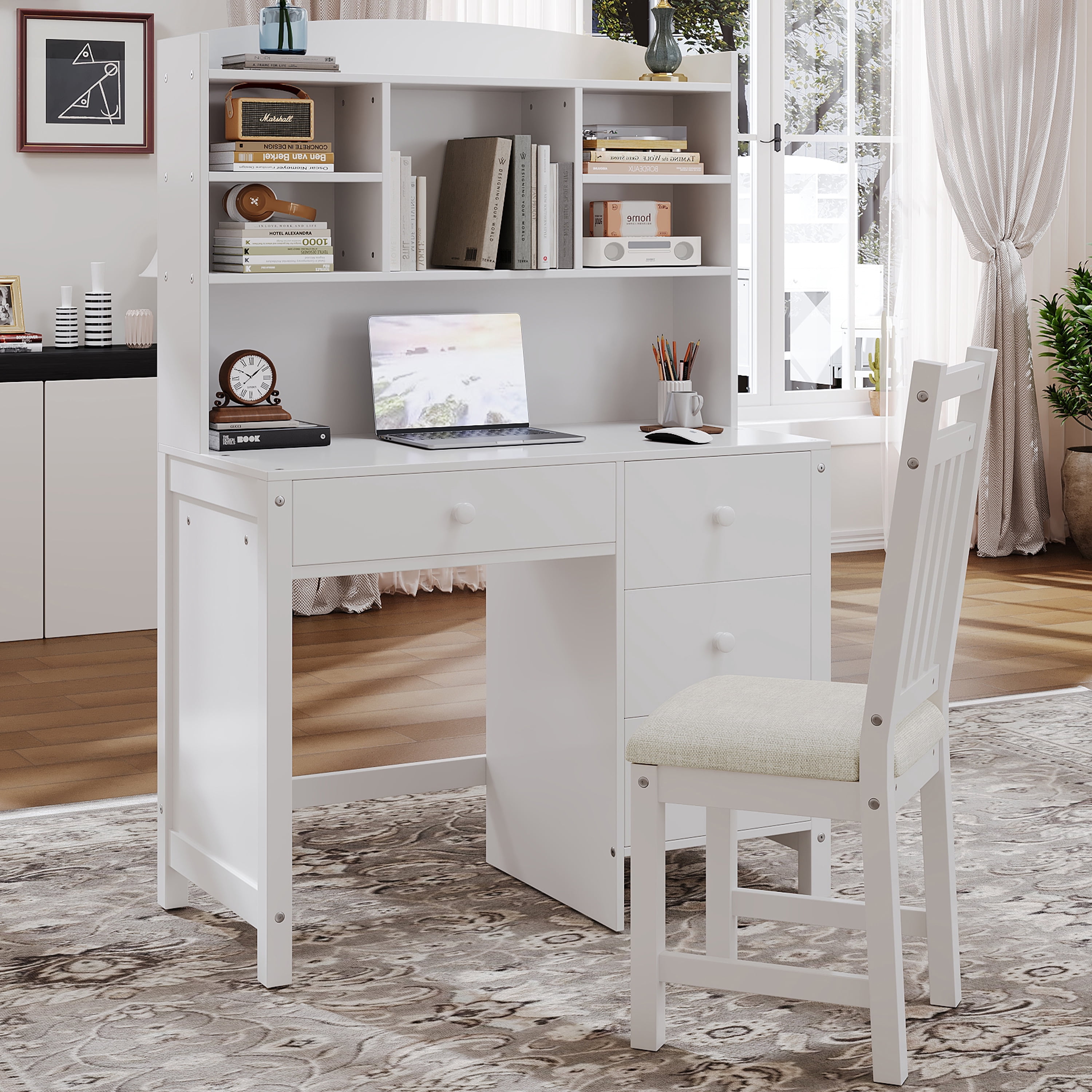 Aukfa 40" Home Office Computer Desk with Hutch, Executive Desk & Upholstered Chair Set with Bookshelf for Study/Bedroom, White
