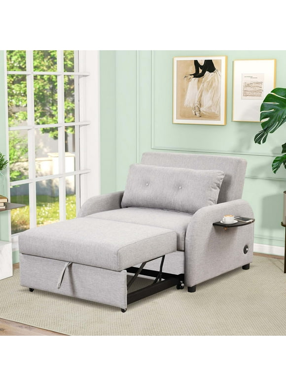 Aukfa 41.5"W Oversize Pull Out Sofa Bed with Wing Tables and USB Port, Convertible Sleeper Chair, Futon - Gray