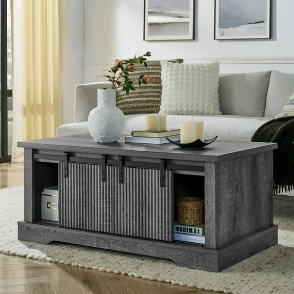 Aukfa 41" Farmhouse Coffee Table with Storage, Wood Rectangular Center Table, 2 Sliding Doors, Gray