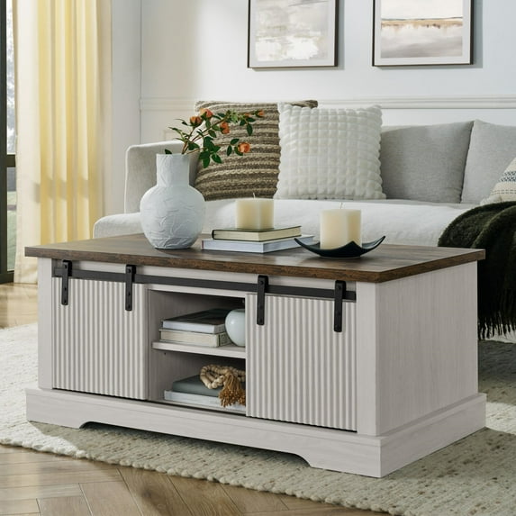 Aukfa 41" Farmhouse Coffee Table with Storage, Wood Rectangular Center Table, 2 Sliding Doors, White