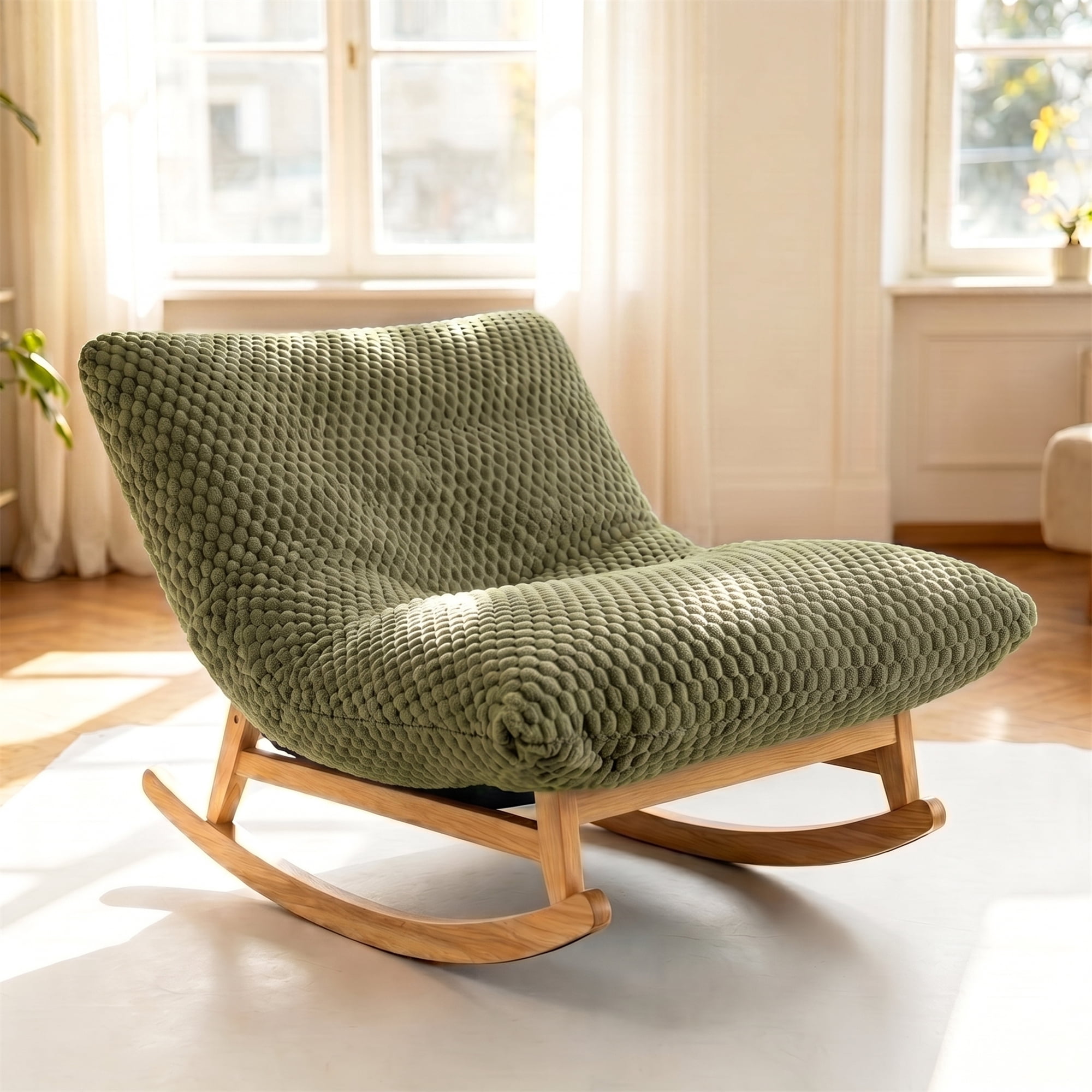 Aukfa 41" Oversized Wooden Rock & Chaise Lounge, 3 in 1 Convertible Glider Sofa Chair for Living Room Bedroom, Plush Cushion, Corduroy, Green