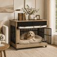 thumbnail image 1 of Aukfa 42.1-Inch Large Dog Crate Furniture, Indoor Dog Kennel Decorative Pet Cage End Table, Lift-Up Door, Curtain & Wheels,Greige, 1 of 9