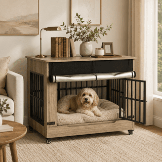 Aukfa 42.1-Inch Large Dog Crate Furniture, Indoor Dog Kennel Decorative Pet Cage End Table, Lift-Up Door, Curtain & Wheels,Greige