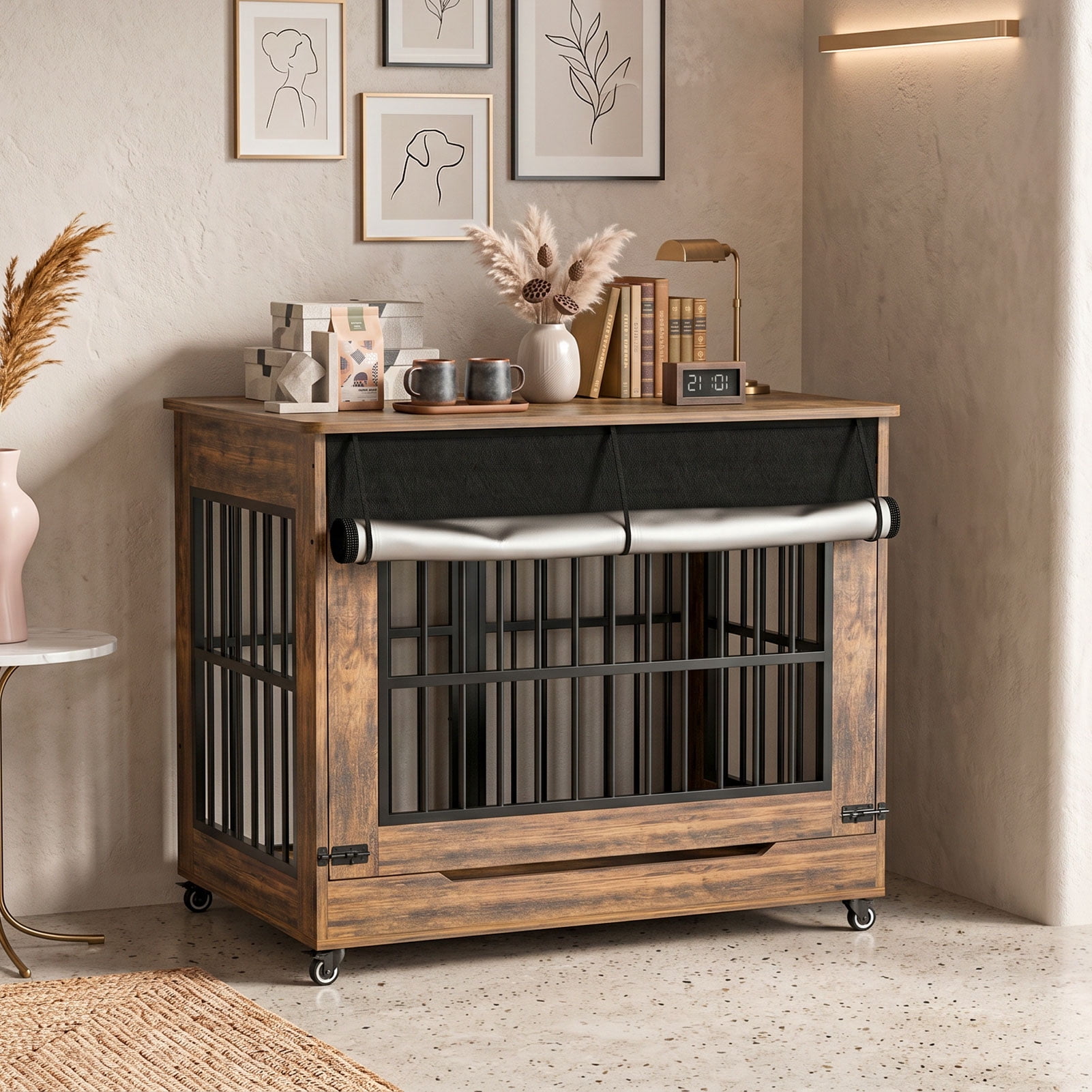 Aukfa 42.1-Inch Large Dog Crate Furniture, Indoor Dog Kennel Decorative Pet Cage End Table, Lift-Up Door, Curtain & Wheels,Rustic Brown