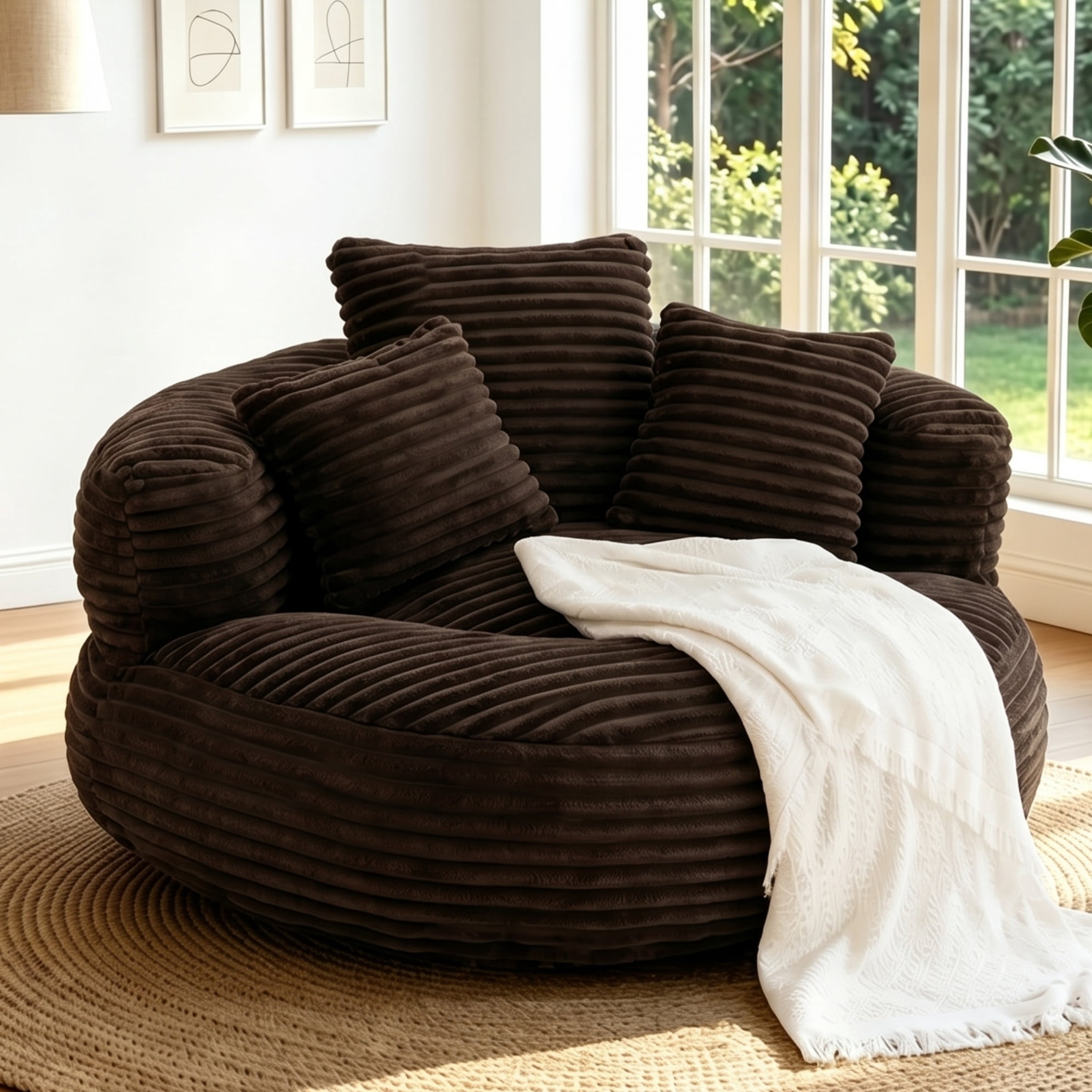Aukfa 42.5"W Oversized Round Chaise Lounge Chair Indoor, Corduroy Floor Sofa with 3 Pillows, 550 lbs, Coffee