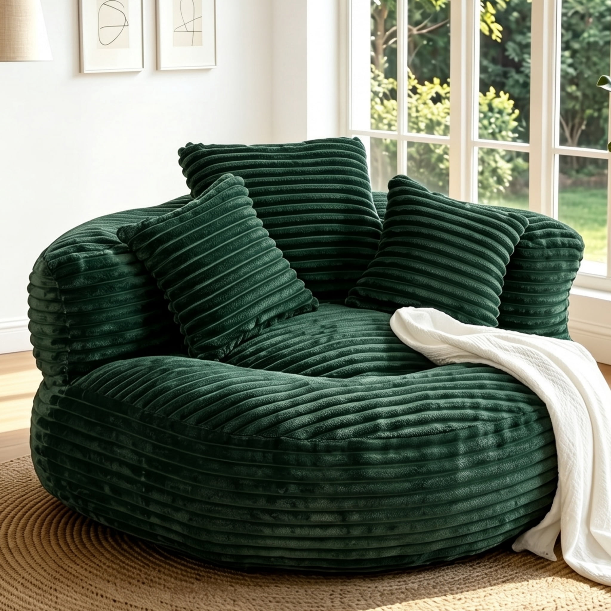 Aukfa 42.5"W Oversized Round Chaise Lounge Chair Indoor, Corduroy Floor Sofa with 3 Pillows, 550 lbs, Green