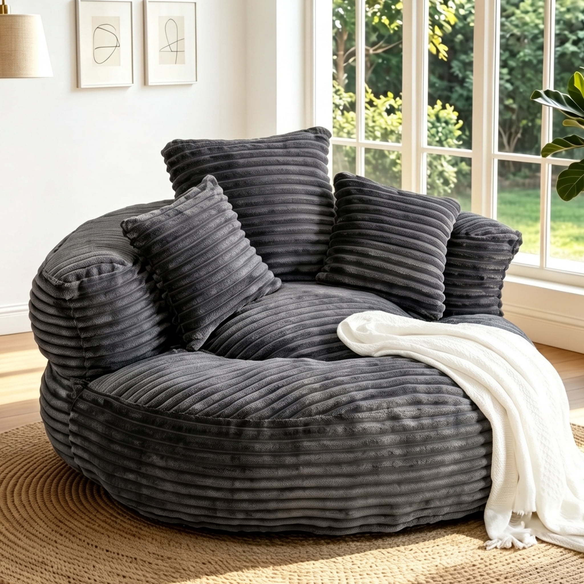 Aukfa 42.5"W Oversized Round Chaise Lounge Chair Indoor, Corduroy Floor Sofa with 3 Pillows, 550 lbs, Gray