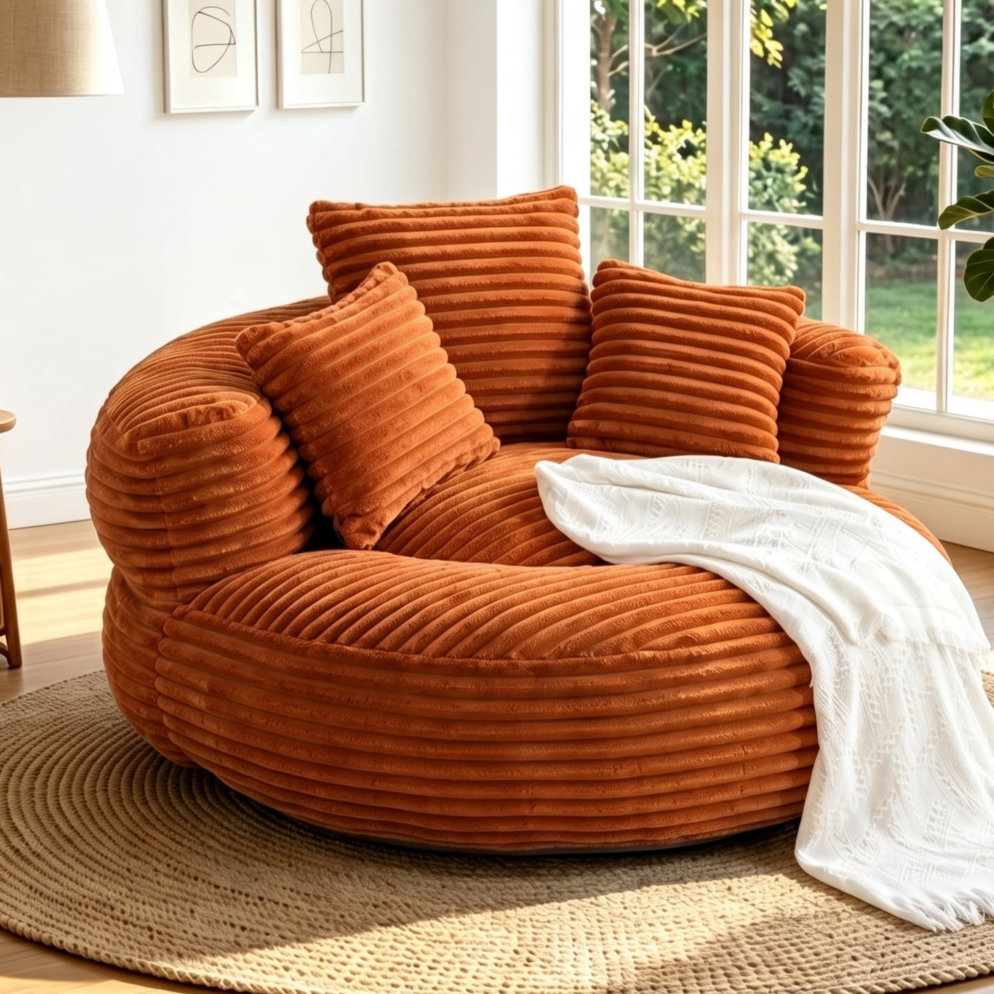 Aukfa 42.5"W Oversized Round Chaise Lounge Chair Indoor, Corduroy Floor Sofa with 3 Pillows, 550 lbs, Orange