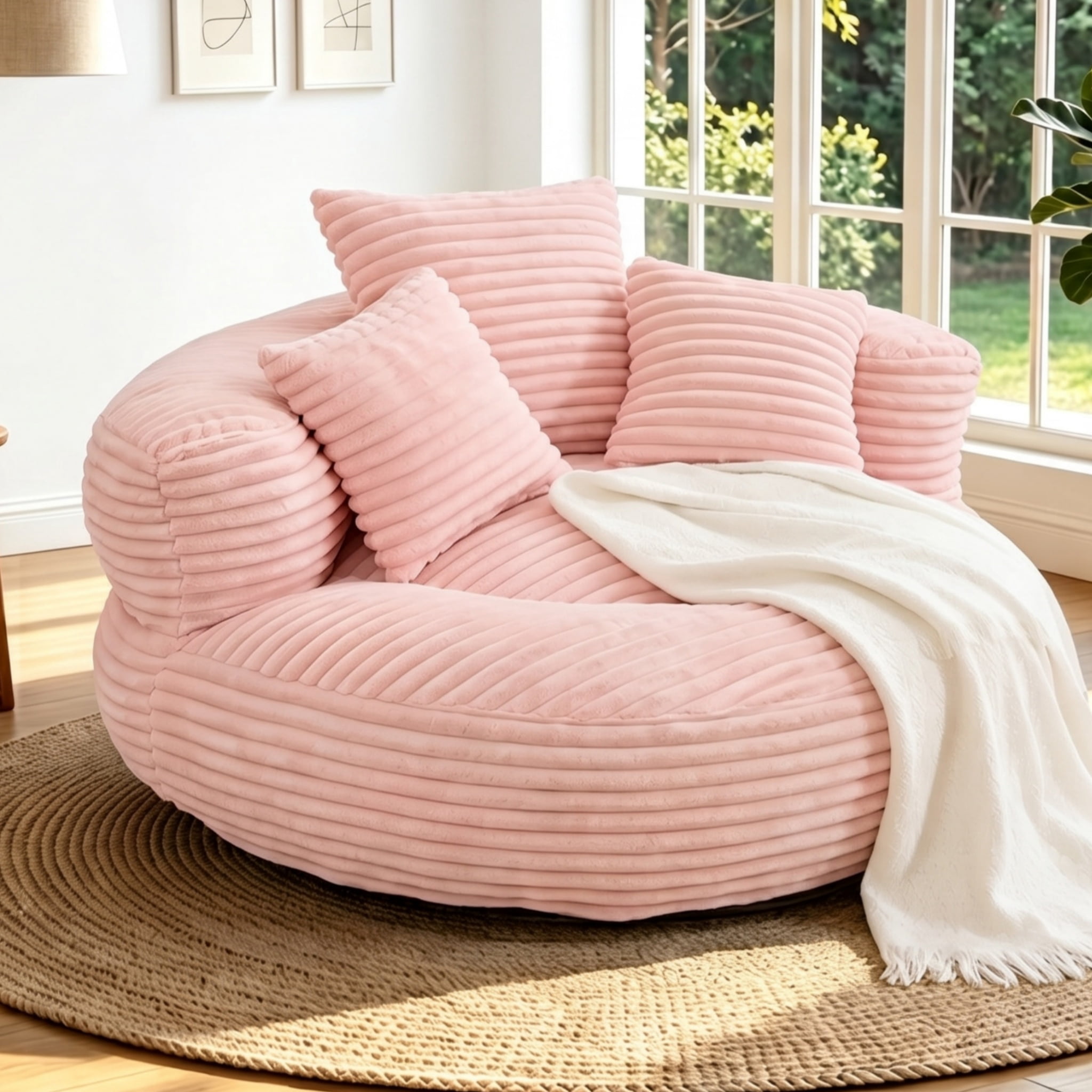 Aukfa 42.5"W Oversized Round Chaise Lounge Chair Indoor, Corduroy Floor Sofa with 3 Pillows, 550 lbs, Pink