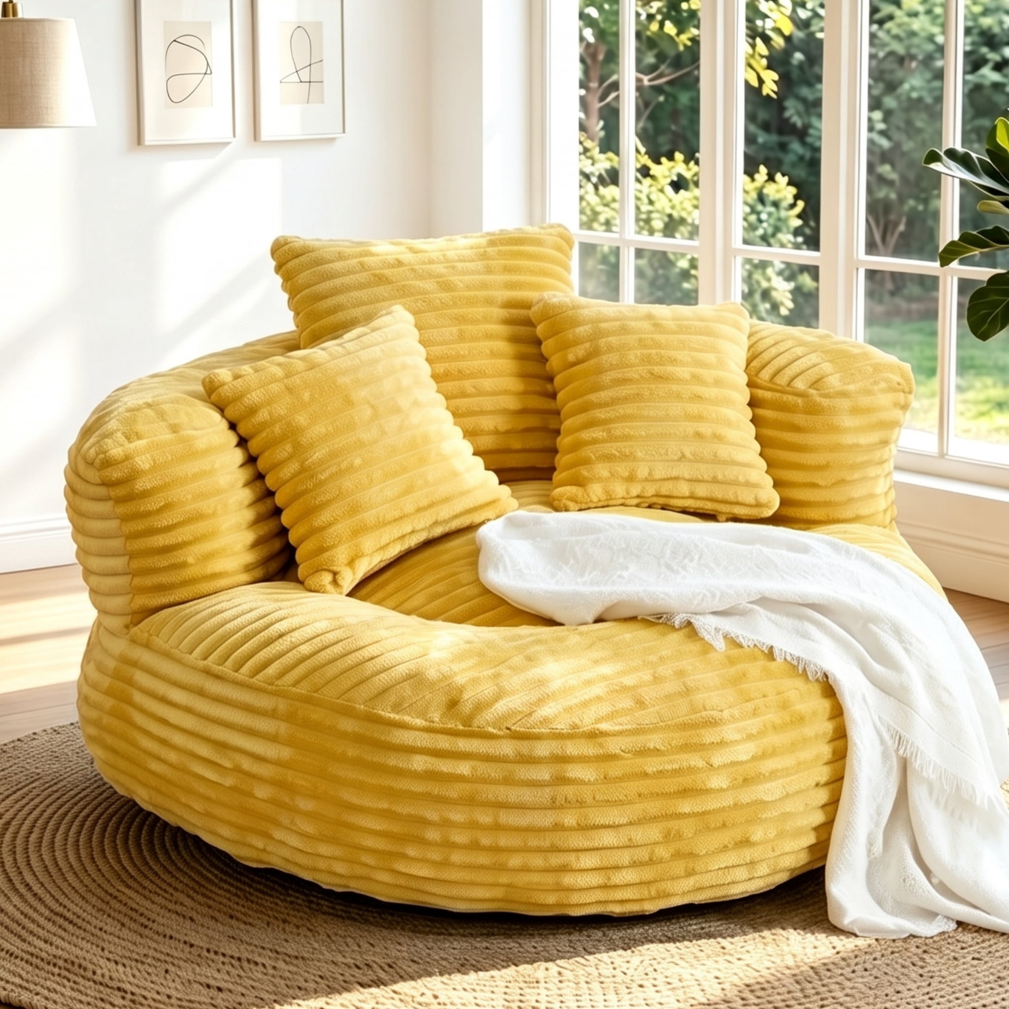 Aukfa 42.5"W Oversized Round Chaise Lounge Chair Indoor, Corduroy Floor Sofa with 3 Pillows, 550 lbs, Yellow