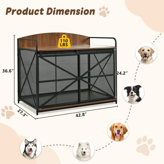 Aukfa 42.8" Large Dog Crate Furniture for Large Medium Dog, Heavy Duty Wooden Dog Kennel End Table, Brown