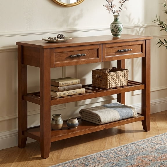 Aukfa 42" Console Table with 2 Drawers, Entryway Sofa Table for Living Room, Long Wooden Hallway Side Table,Cherry