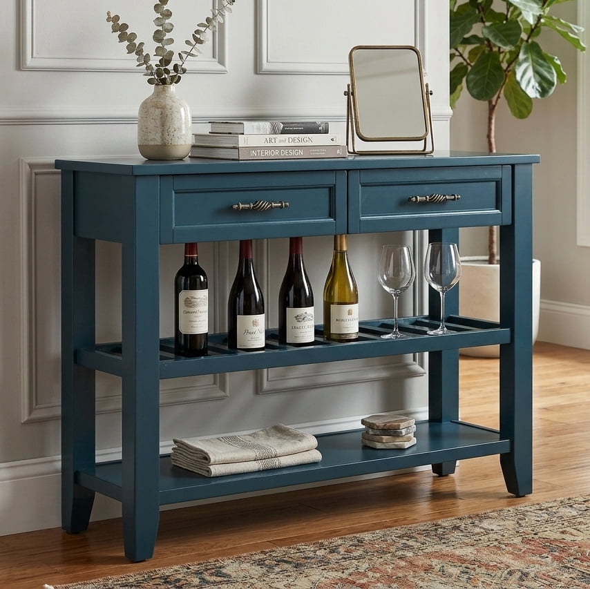 Aukfa 42" Console Table with 2 Drawers, Entryway Sofa Table for Living Room, Long Wooden Hallway Side Table,Navy Blue