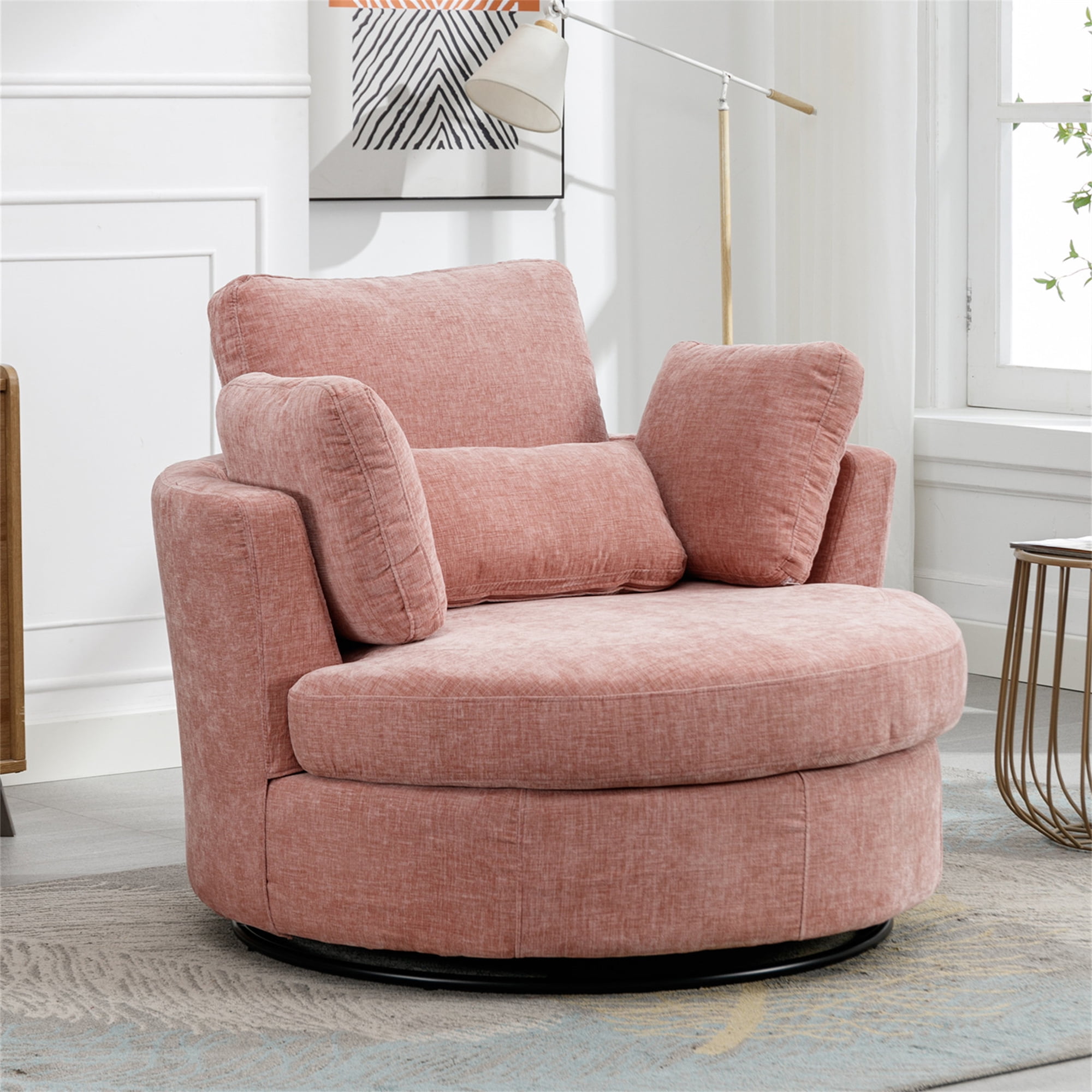 Aukfa 42" Oversized Swivel Accent Chair Barrel Read Chair for Bedroom Living Room, Chenille, Pink