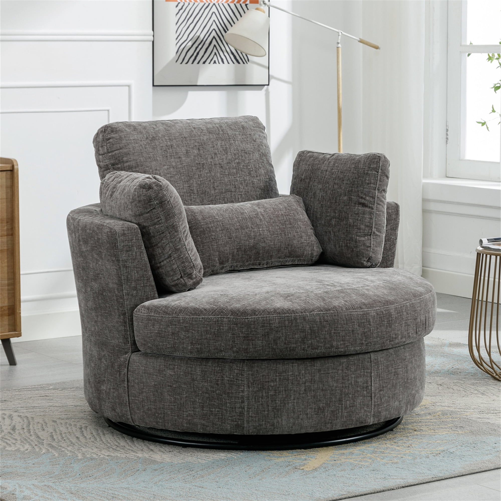 Aukfa 42" Oversized Swivel Accent Chair w/ Lumbar Pillow, Living Room Barrel Chair Read Chair, Gray