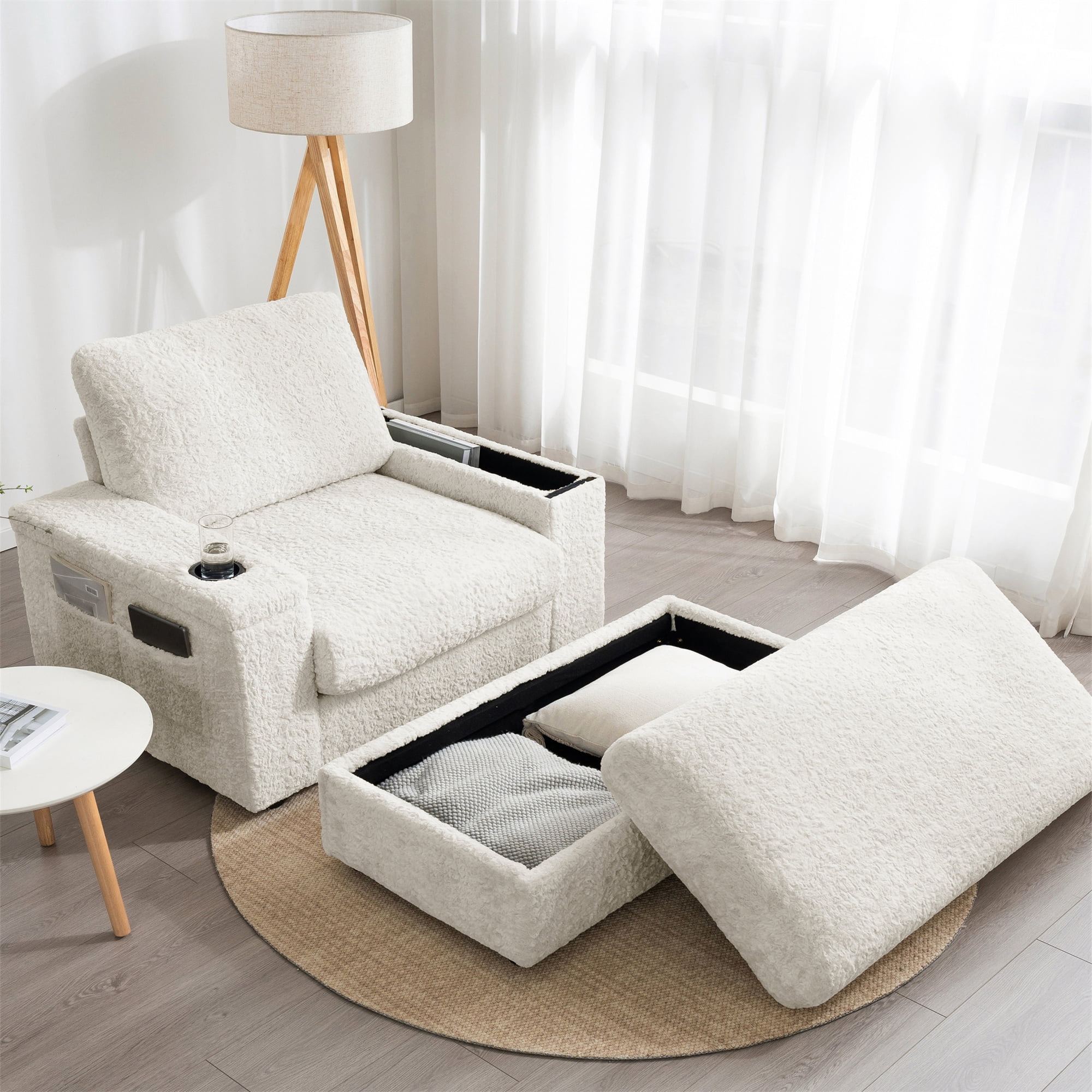 Aukfa 42 inch Chaise Lounge w/ 2 Cupholders, Storage Ottoman, Plush Chair Bed for Living Room, Beige