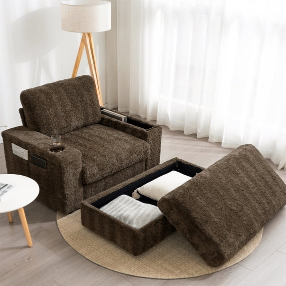 Aukfa 42 inch Chaise Lounge w/ 2 Cupholders, Storage Ottoman, Plush Chair Bed for Living Room, Brown