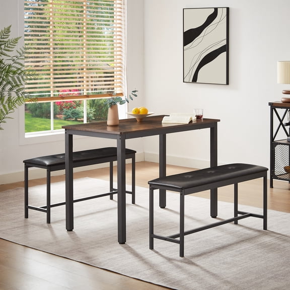 Aukfa 43.3" Dining Table Set for 4, Small Kitchen Table Set with 2 Upholstered Benches for Living Room Dining Room,Brown