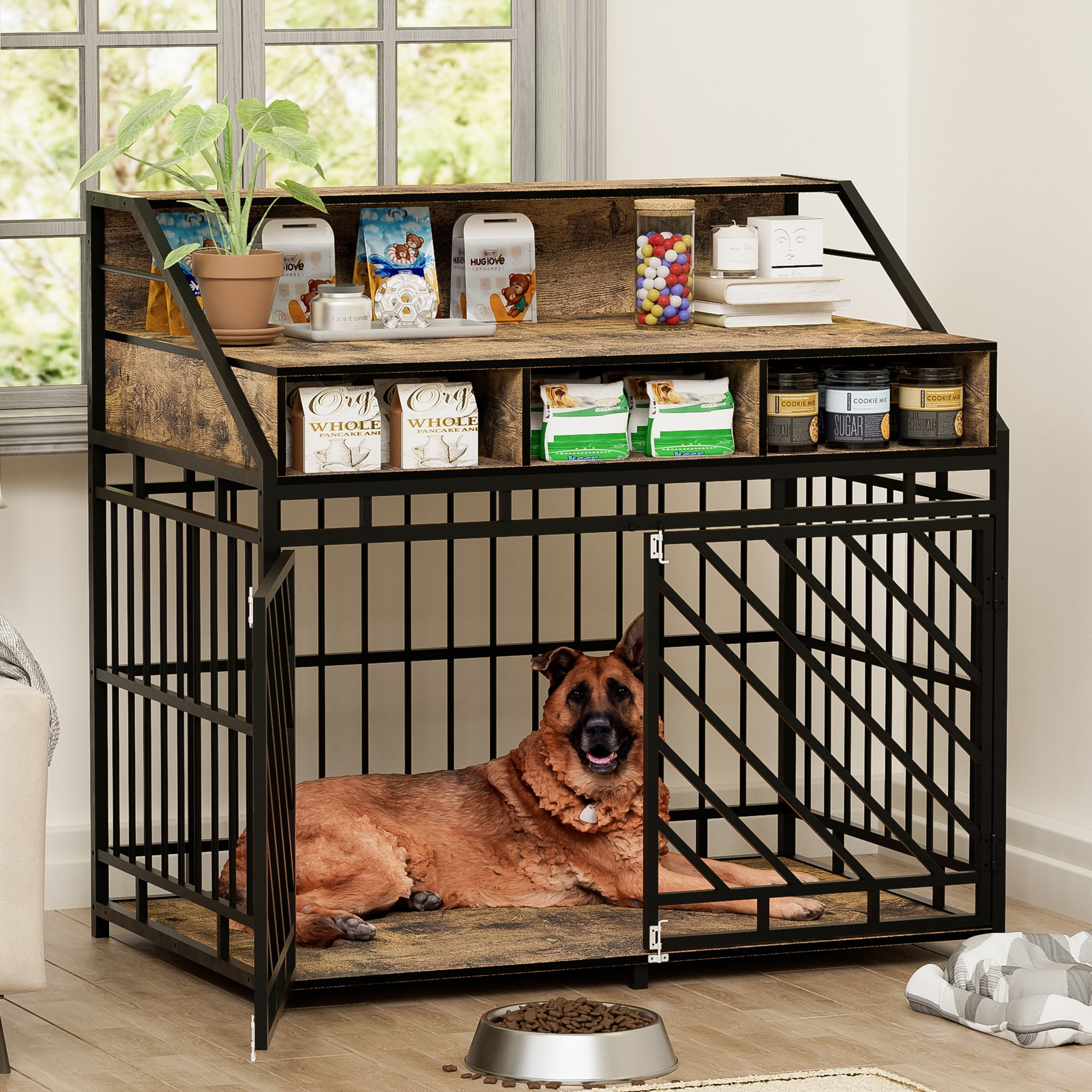 Large Rustic Brown Wood and Iron Dog Crate Table