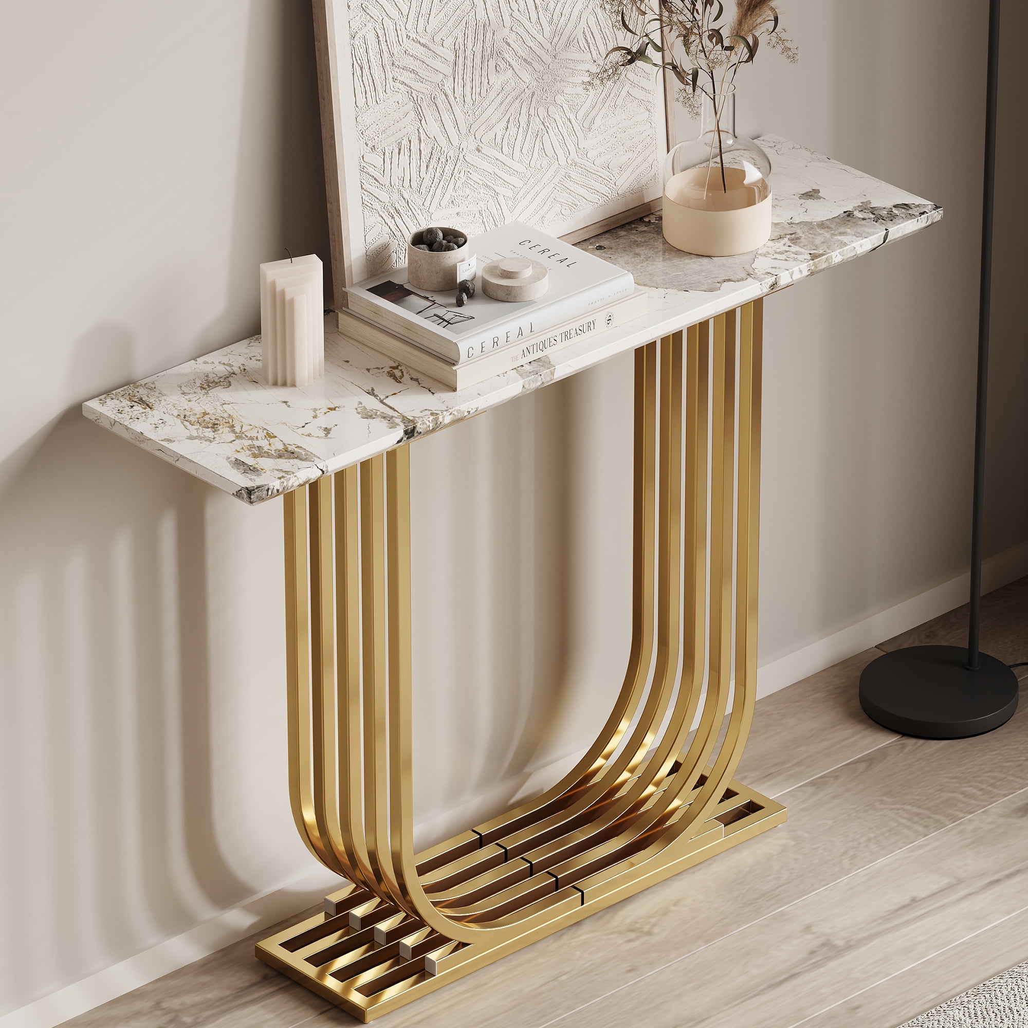 Aukfa 43.3" Modern Console Table, Slim Entryway Table, U-Shaped Metal Frame,Gold