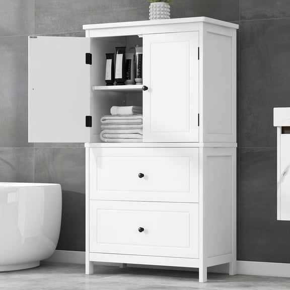 Aukfa 43.3" Tall Wood Storage Cabinet with Two Doors and Adjustable Shelves for Bathroom Kitchen, White