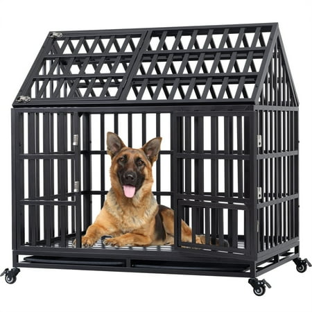 Aukfa 43 in Heavy Duty Indestructible Dog Crate with Lockable Wheels, Escape Proof Dog Cage Kennel w/ Removable Tray