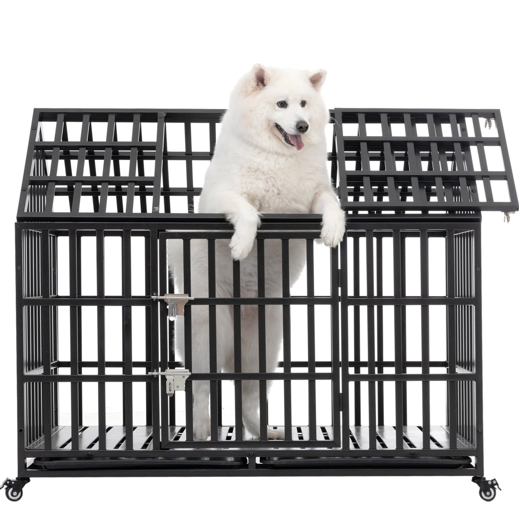 Aukfa 43/47/51 in Heavy Duty Indestructible Dog Crate, House Shape Escape Proof Dog Cage Kennel with Lockable Wheels & Removable Tray