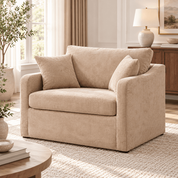 Aukfa 43.9" Wide Oversized Chenille Accent Chair, Comfortable Reading Armchair with 2 Throw Pillows for Living Room, Wheat