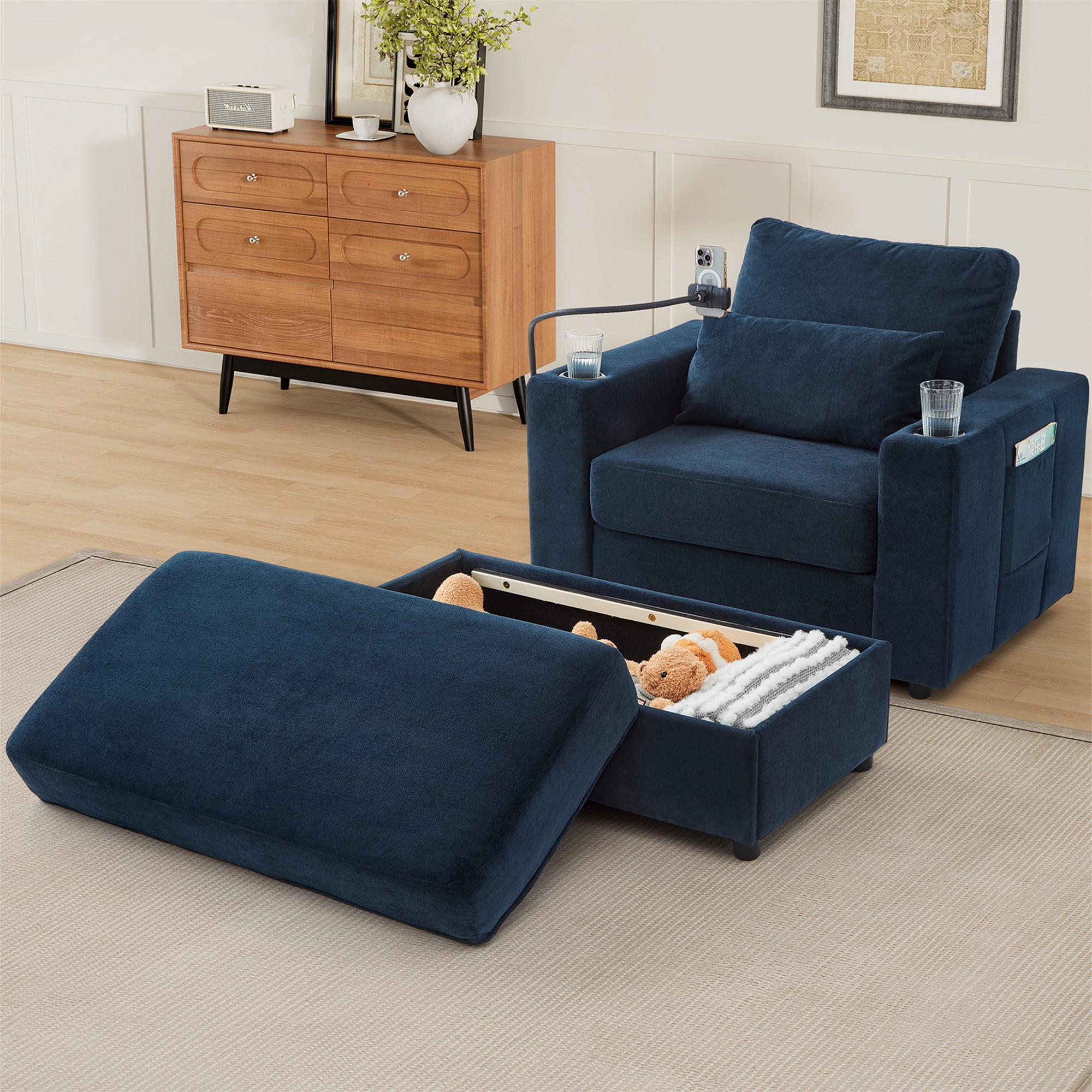 Aukfa 43" Chaise Lounge w/ 2 Cupholders and USB Ports, Storage Ottoman, Chenille, Blue