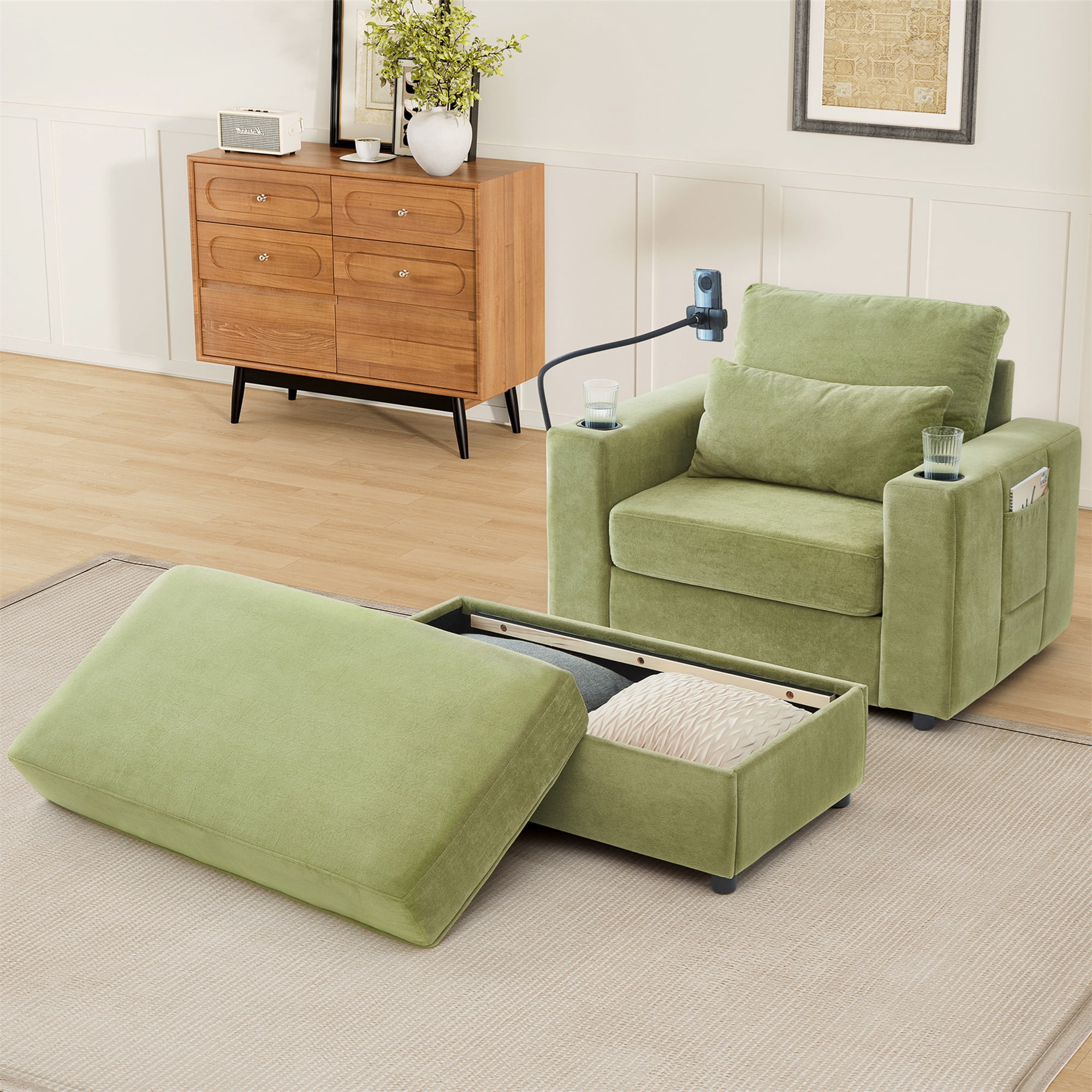 Aukfa 43" Chaise Lounge w/ 2 Cupholders and USB Ports, Storage Ottoman, Chenille, Green