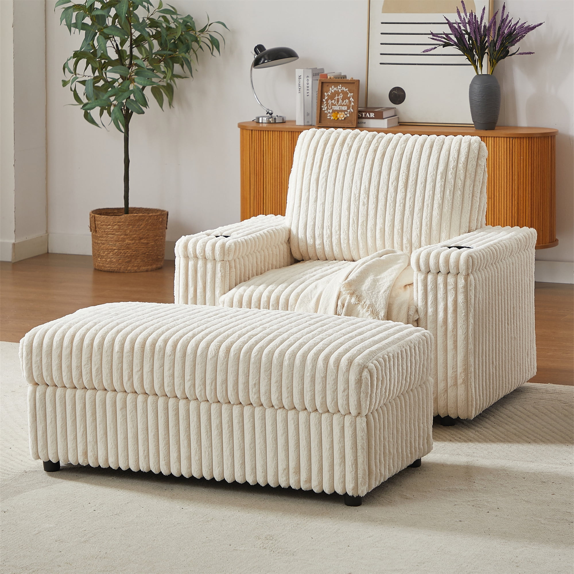 Aukfa 43" Corduroy Chaise Lounge w/ 2 Cupholders, Storage Bench & Arm, Plush Chair Bed, Beige