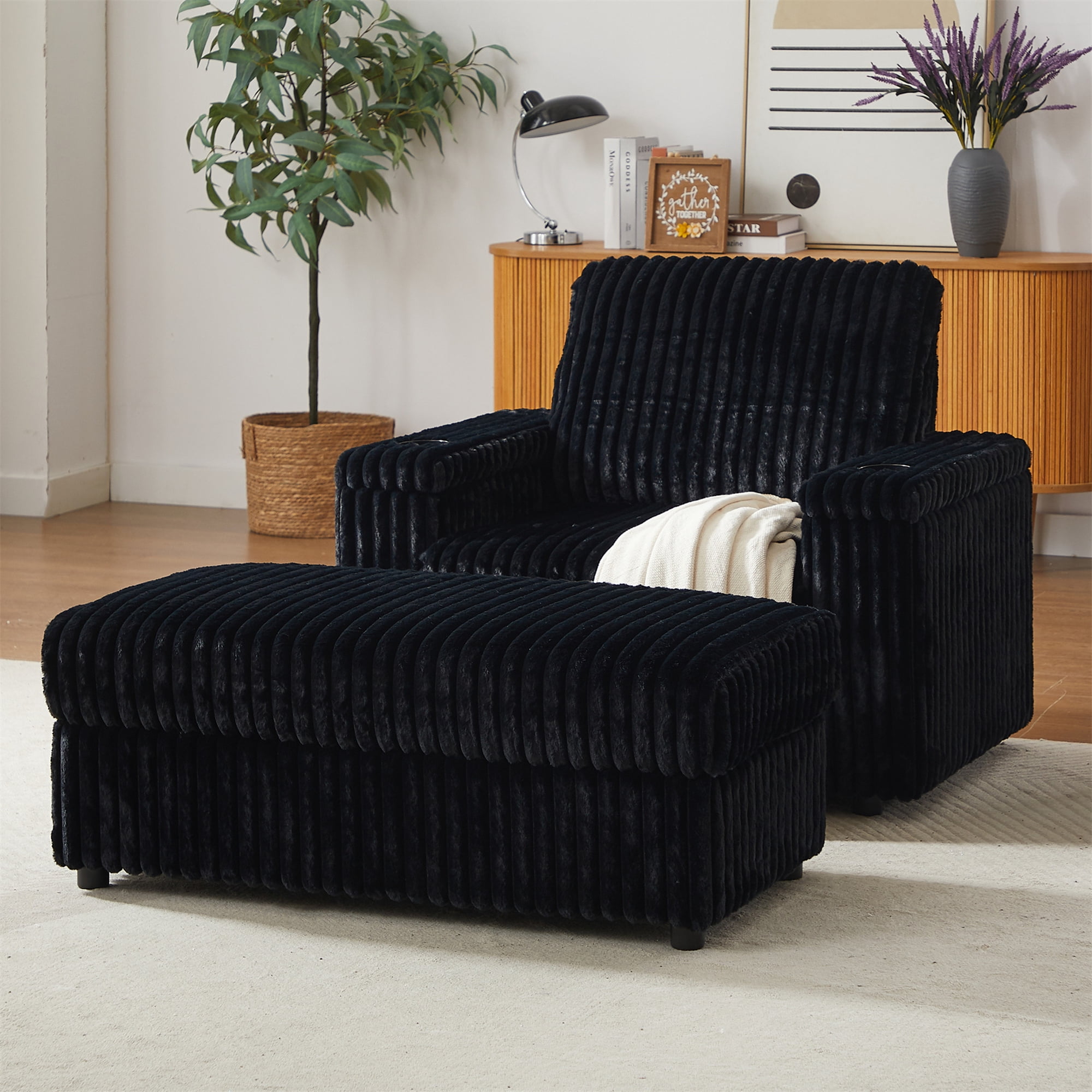 Aukfa 43" Corduroy Chaise Lounge w/ 2 Cupholders, Storage Bench & Arm, Plush Chair Bed, Black