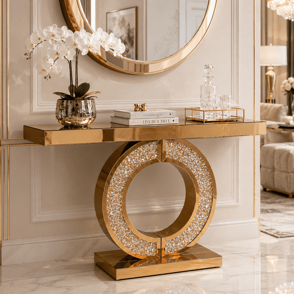 Aukfa 43" Mirrored Console Table, O-Shaped Crystal Inlay Entryway Table with Beveled Edges,Gold