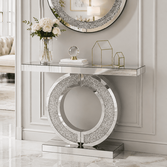 Aukfa 43" Mirrored Console Table, O-Shaped Crystal Inlay Entryway Table with Beveled Edges,Silver