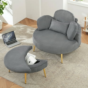 Aukfa 43" Chaise Lounge Indoor Oversized Chaise with Storage Ottoman, 4 Pillows, Corduroy, Gray