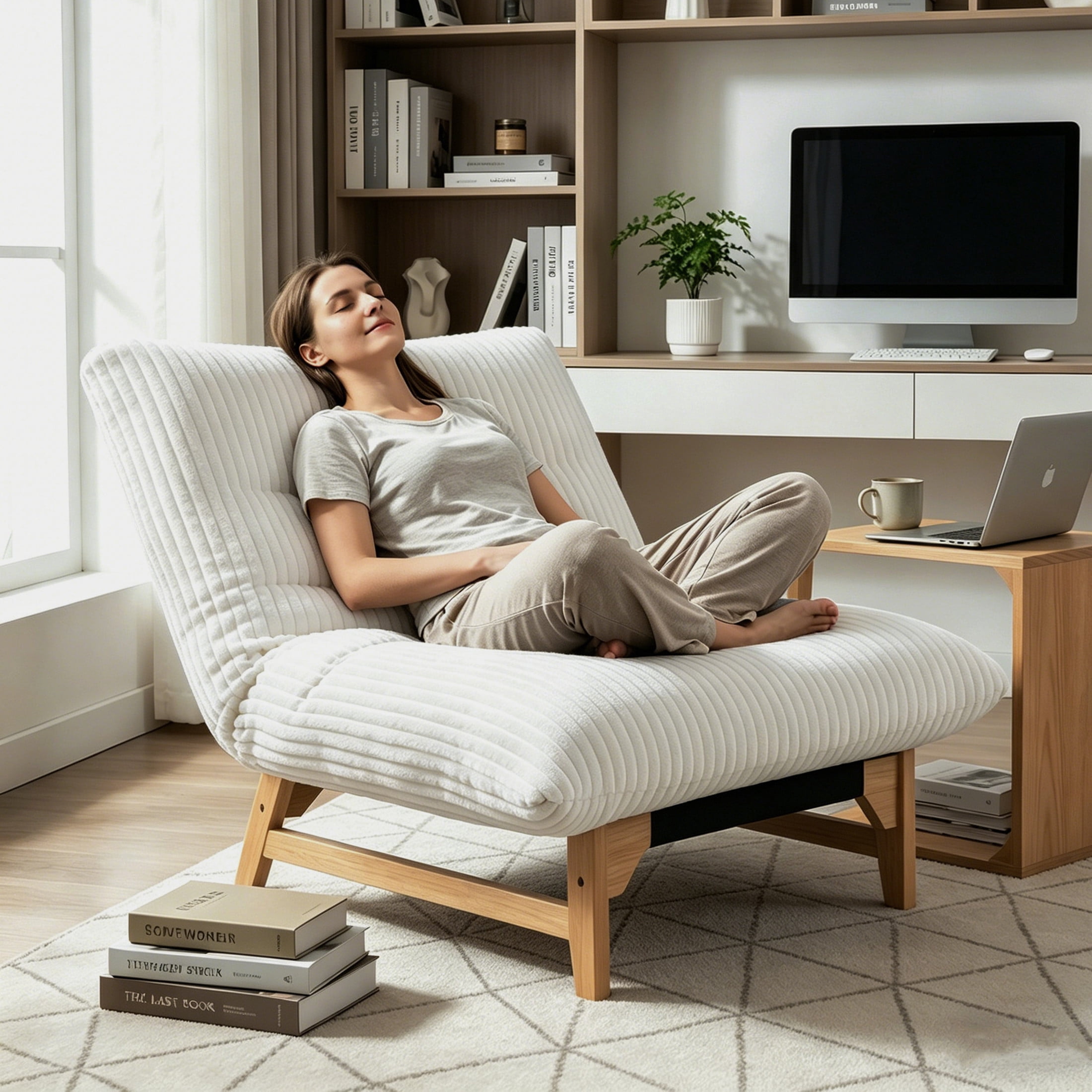 Aukfa Oversized Chaise Lounge Indoor Chair for Living Room Bedroom, Wood Frame, Corduroy, Beige