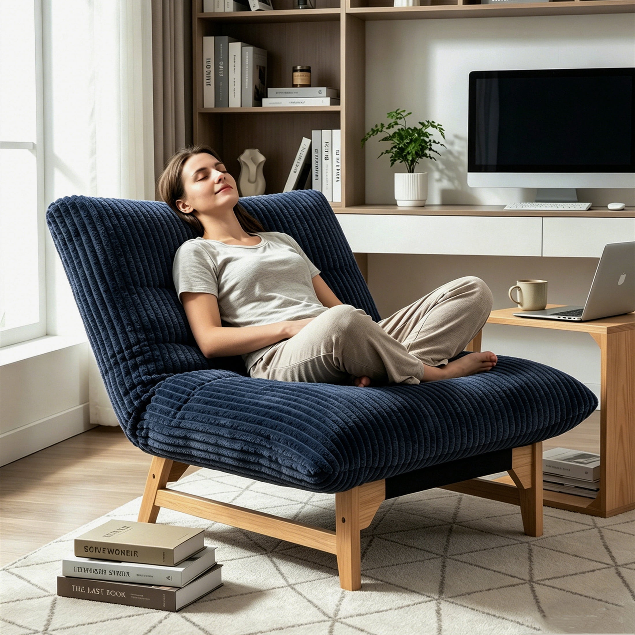 Aukfa Oversized Chaise Lounge Indoor Chair for Living Room Bedroom, Wood Frame, Corduroy, Blue