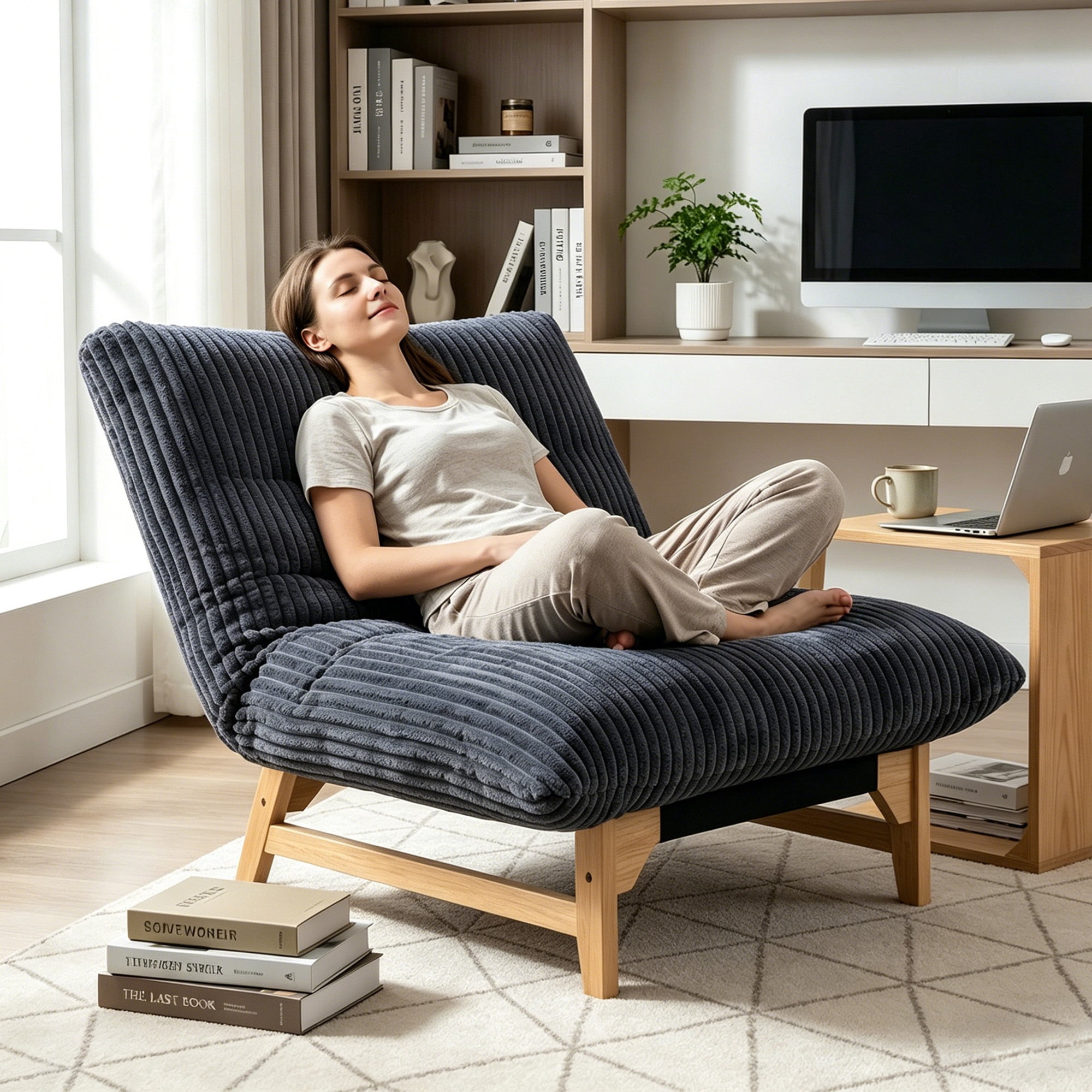 Aukfa Oversized Chaise Lounge Indoor Chair for Living Room Bedroom, Wood Frame, Corduroy, Gray