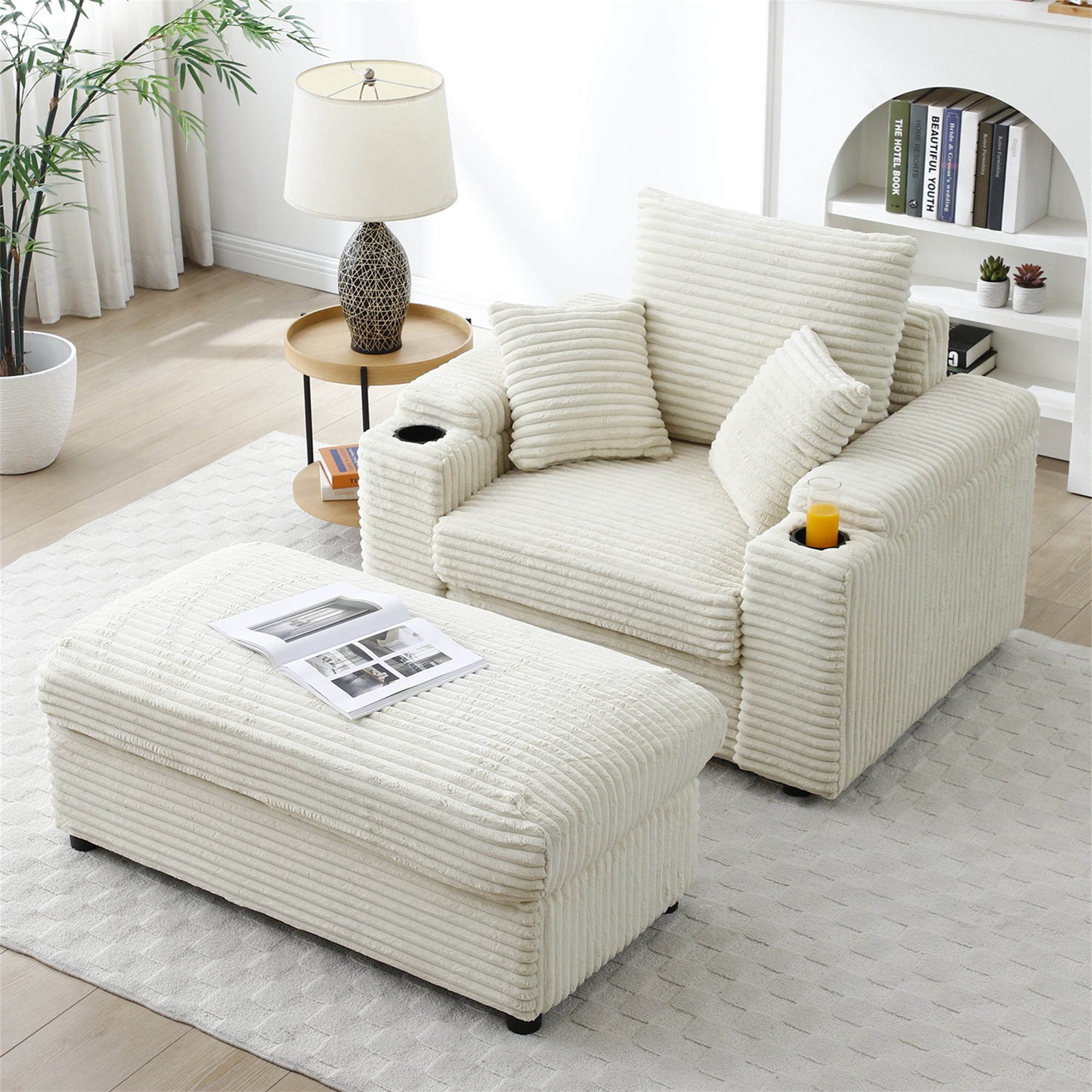 Aukfa 43 inch Corduroy Chaise w/ 2 Cupholders, Storage
