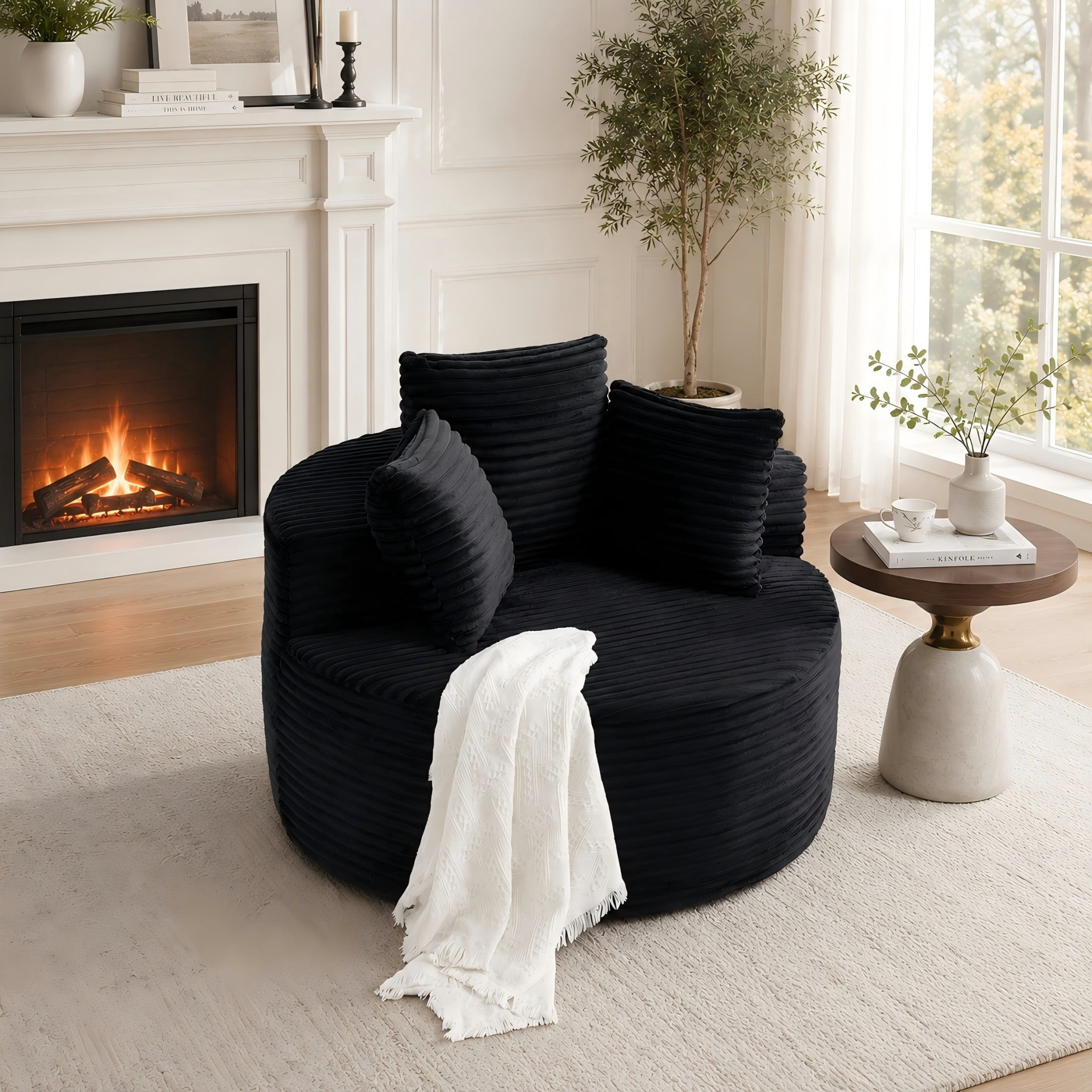 Aukfa 43" Oversized Round Chair with 3 Pillows, Corduroy Cloud Lounge Sofa Chair for Living Room/Bedroom, Black