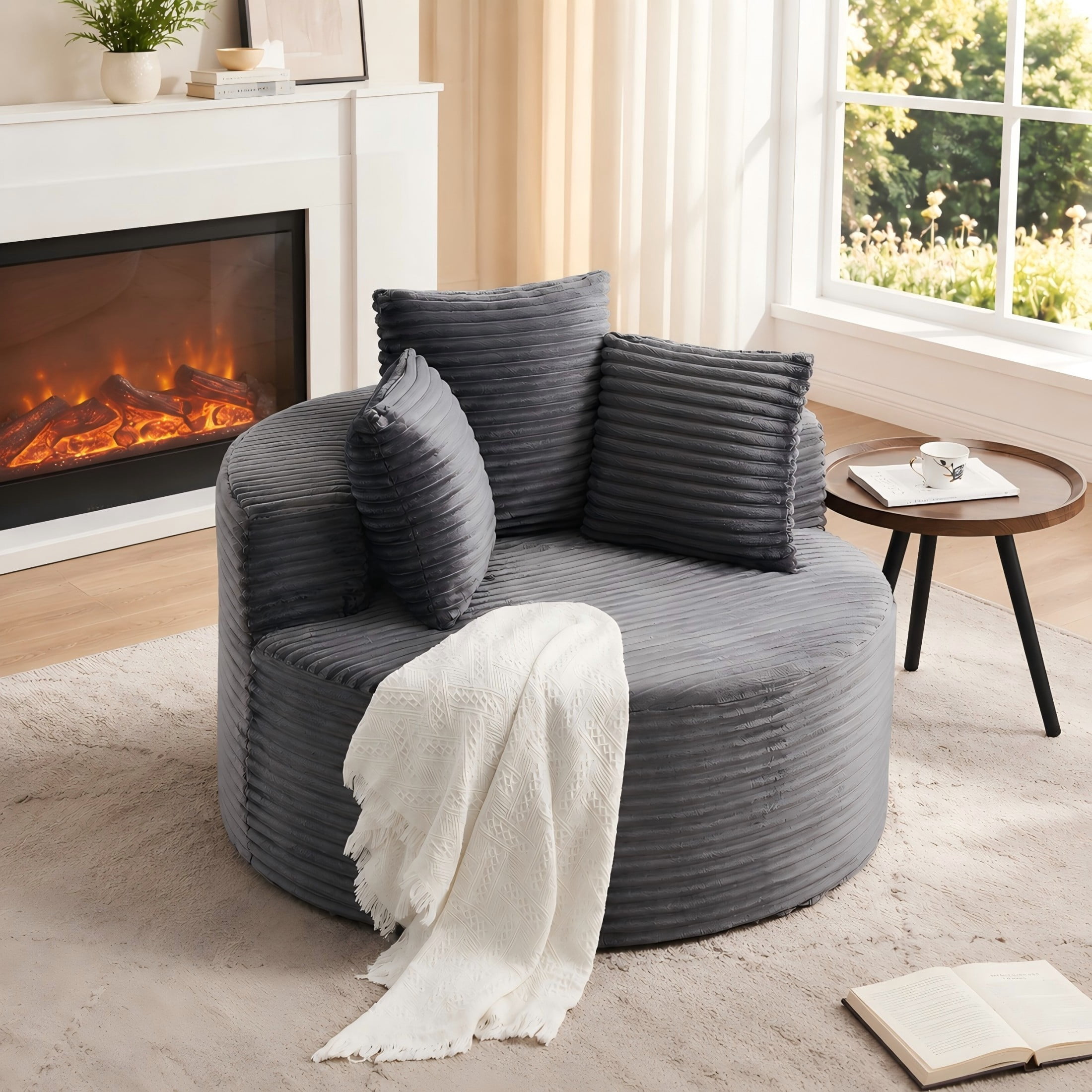 Aukfa 43" Oversized Round Chair with 3 Pillows, Corduroy Cloud Lounge Sofa Chair for Living Room/Bedroom, Gray