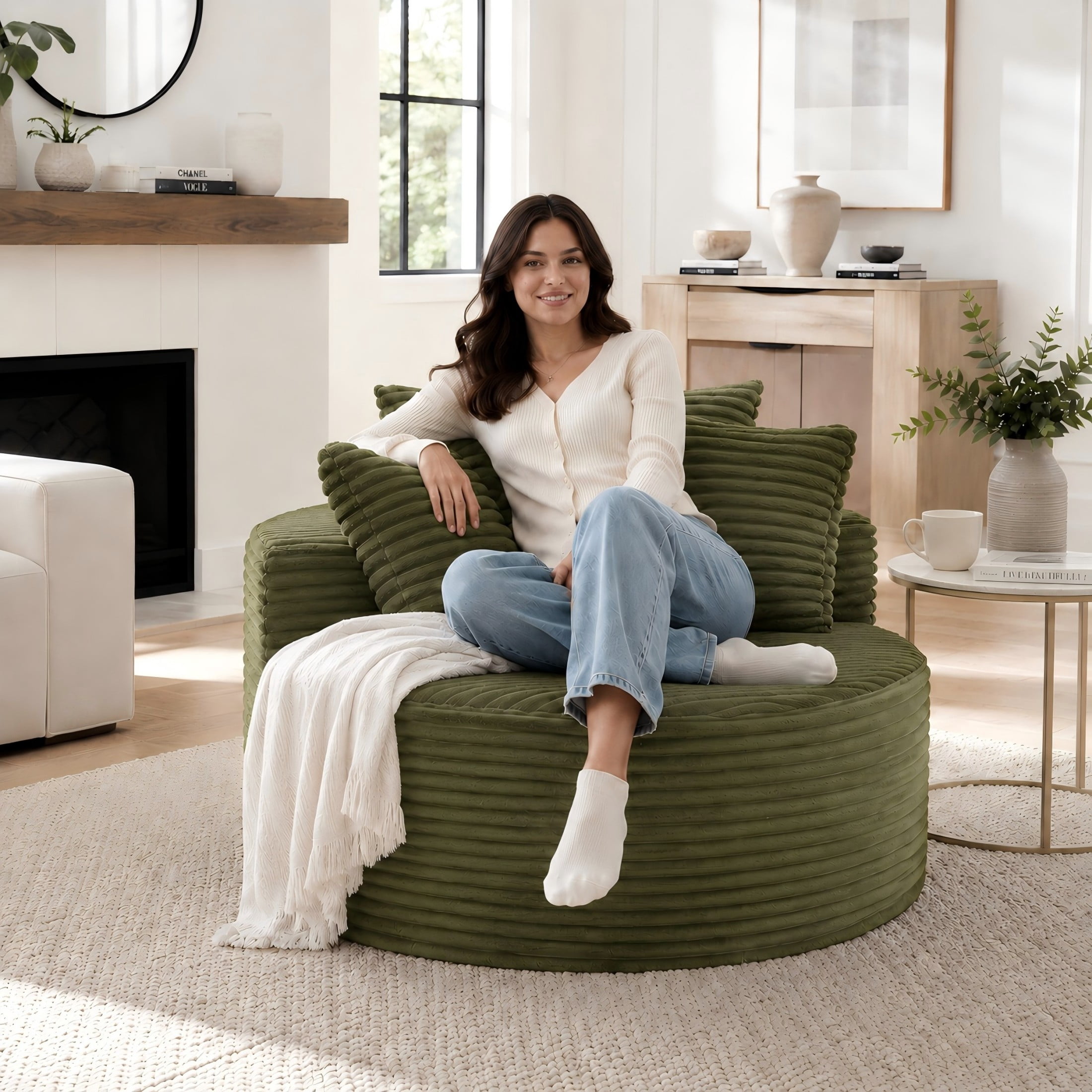 Aukfa 43" Oversized Round Chair with 3 Pillows, Corduroy Cloud Lounge Sofa Chair for Living Room/Bedroom, Green