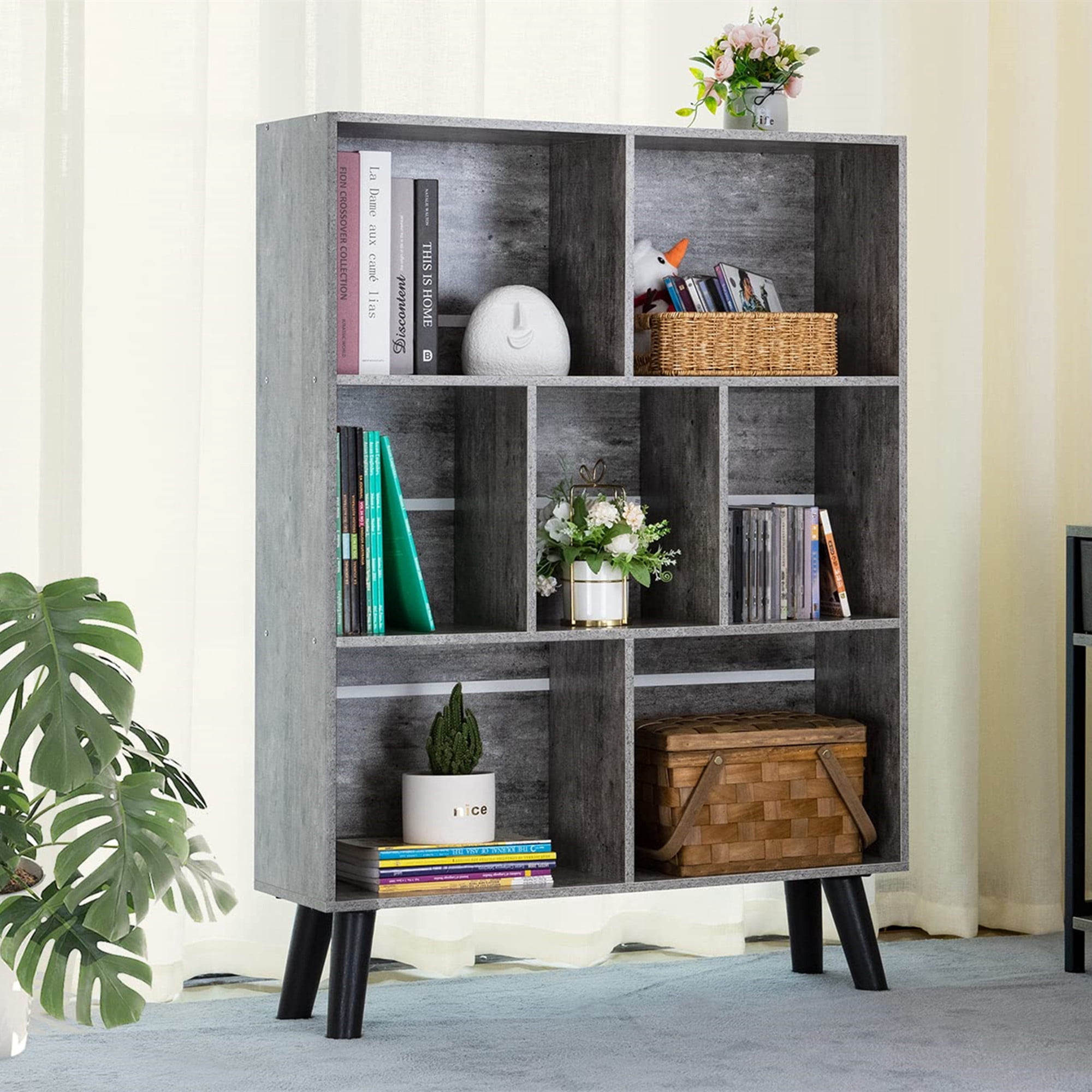 Aukfa 43" Tall Storage Organizer Wooden 7 Cube Bookcase with Legs for Home Office, Gray