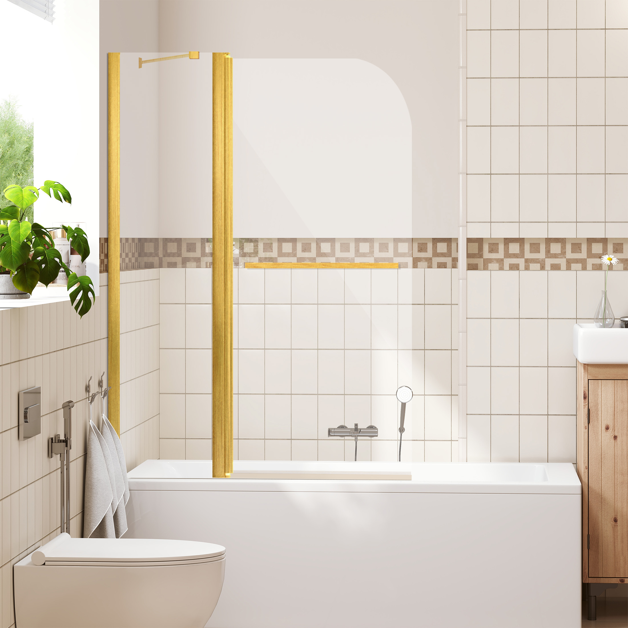 Aukfa 43"W x 58"H Bathtub Shower Doors, 1/4" (6mm) SGCC Tempered Glass Bathtub Door, Brushed Gold