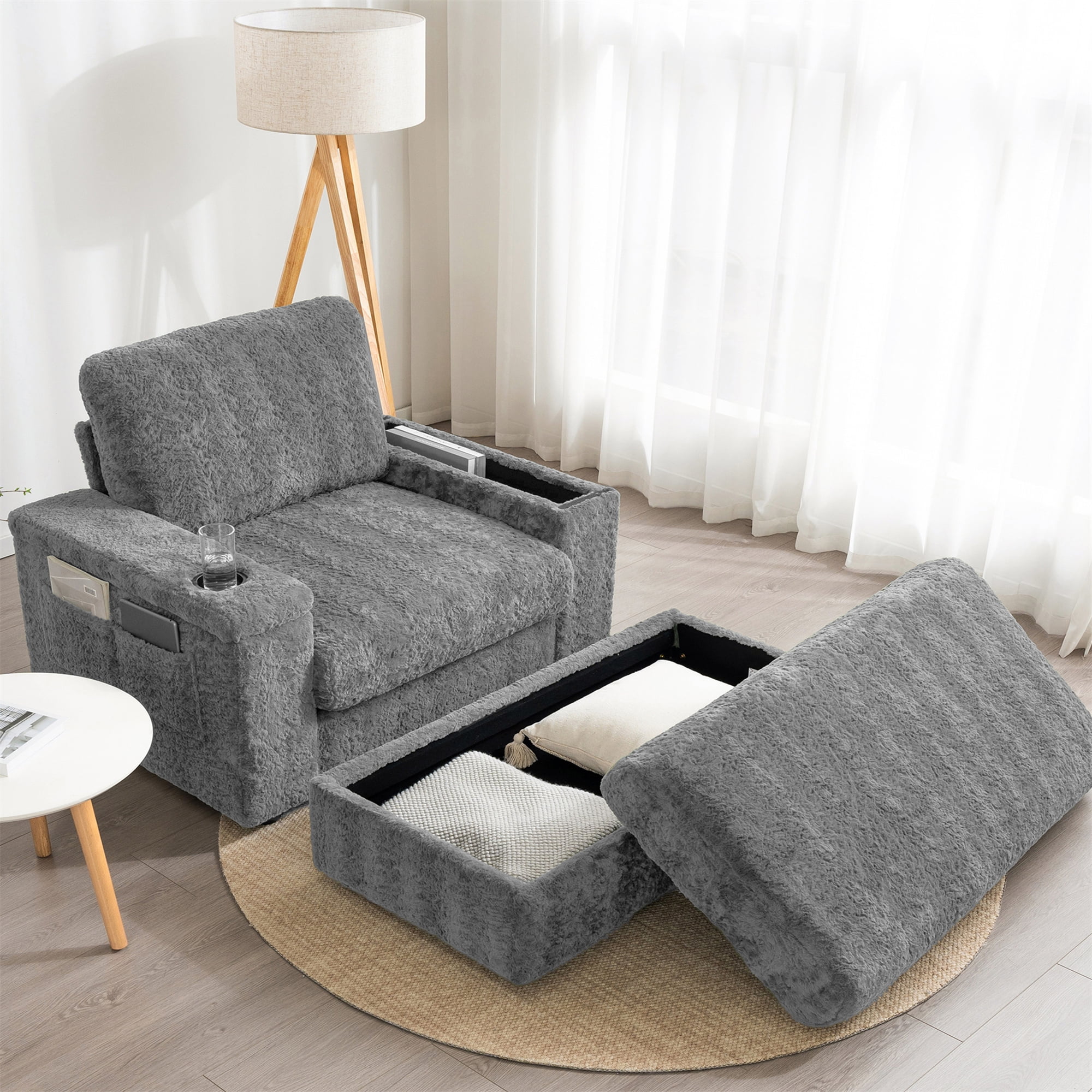 Aukfa 43 inch Chaise Lounge w/ 2 Cupholders, Storage Ottoman, Plush Chair Bed for Living Room, Gray