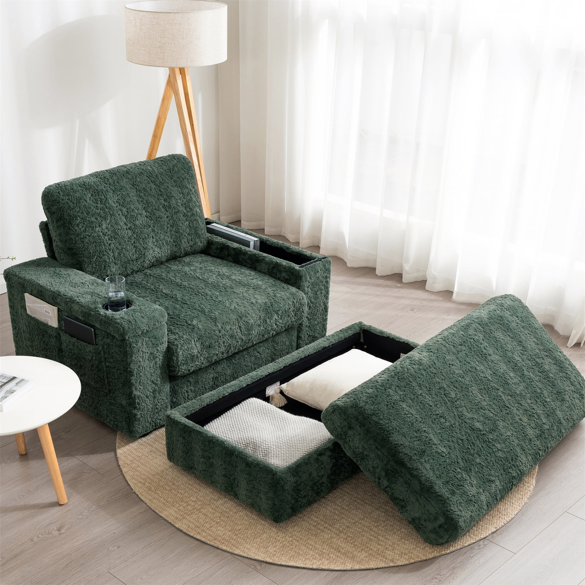 Aukfa 43 inch Chaise Lounge w/ 2 Cupholders, Storage Ottoman, Plush Chair Bed for Living Room, Green
