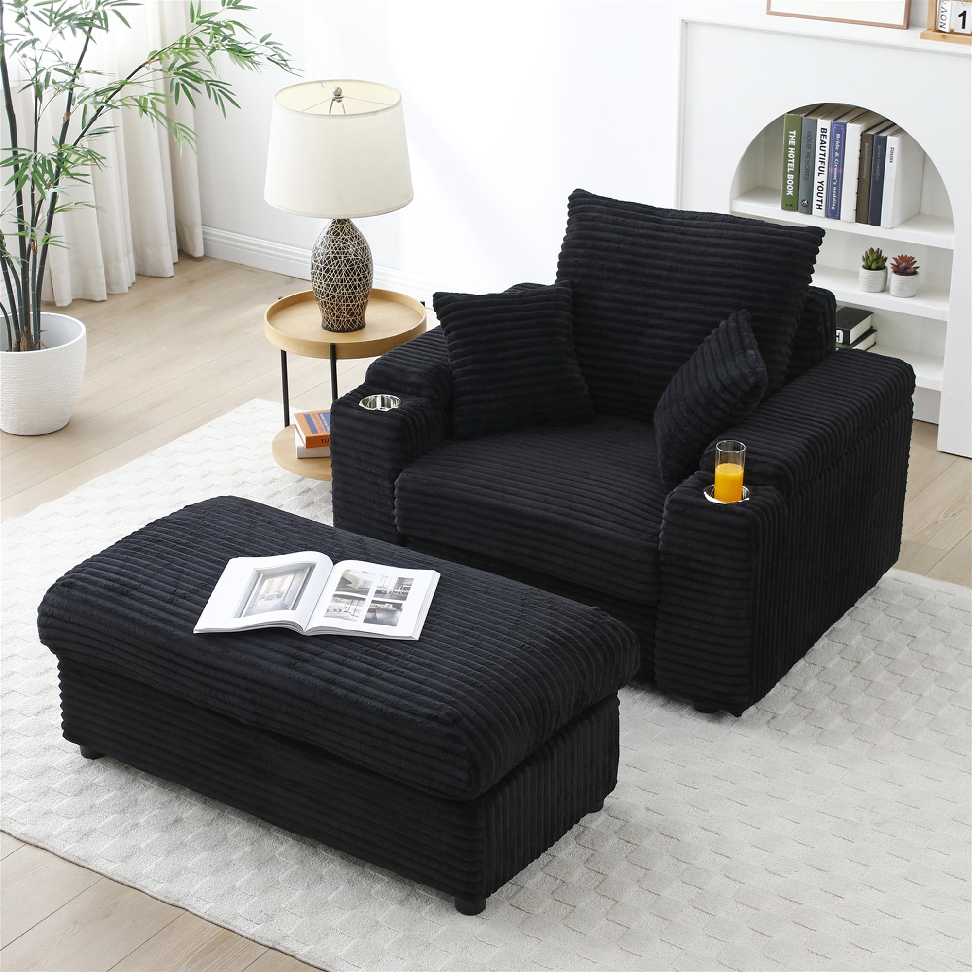 Aukfa 43 inch Corduroy Chaise w/ 2 Cupholders&Storage Ottoman, Plush Chair Bed, 3 Pillows, Black